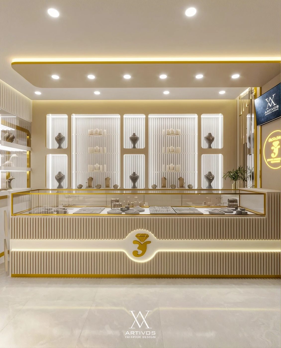 Illuminated Amden jewelry boutique interior