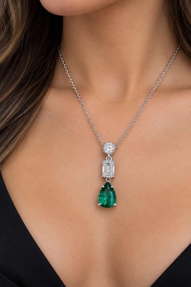 Emerald and diamond pendant necklace