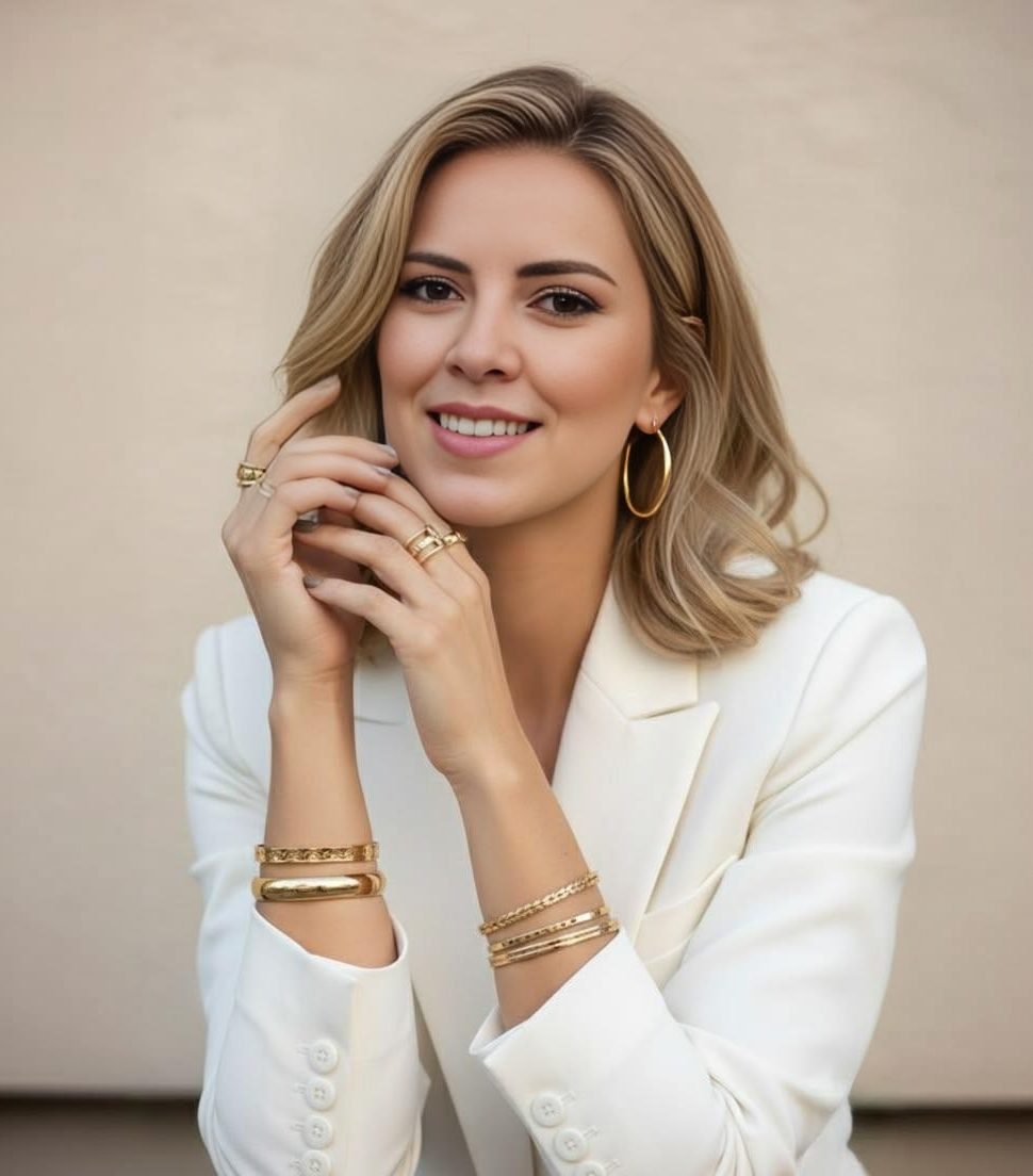 Woman wearing gold hoop earrings and stacked bracelets