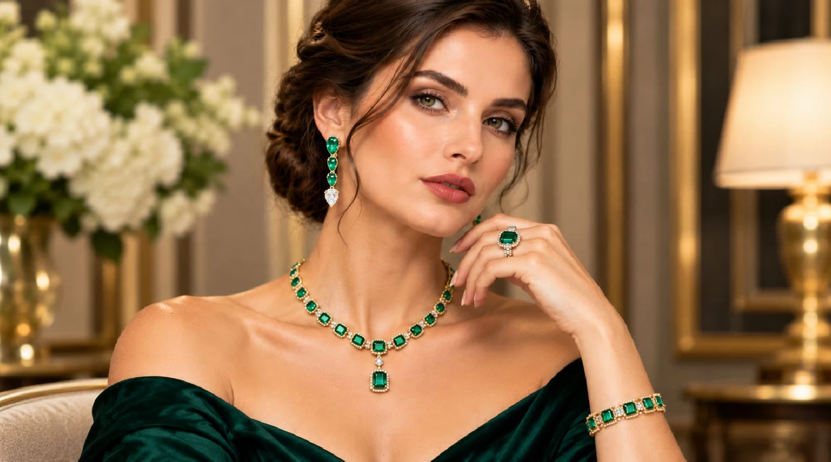 Model wearing a ruby and diamond necklace