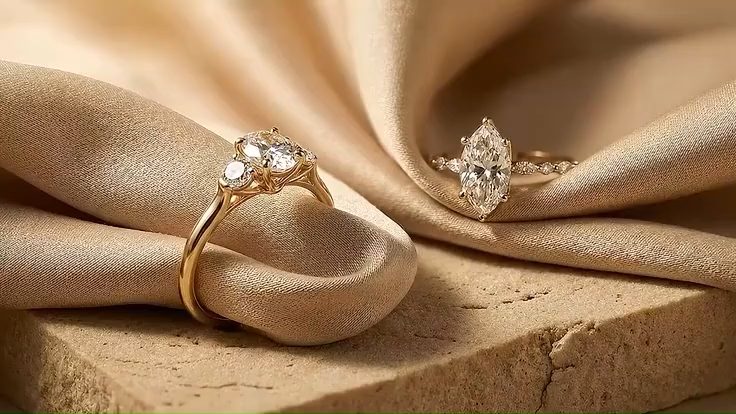 Two diamond engagement rings resting on draped silk