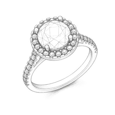 Diamond halo engagement ring sketch
