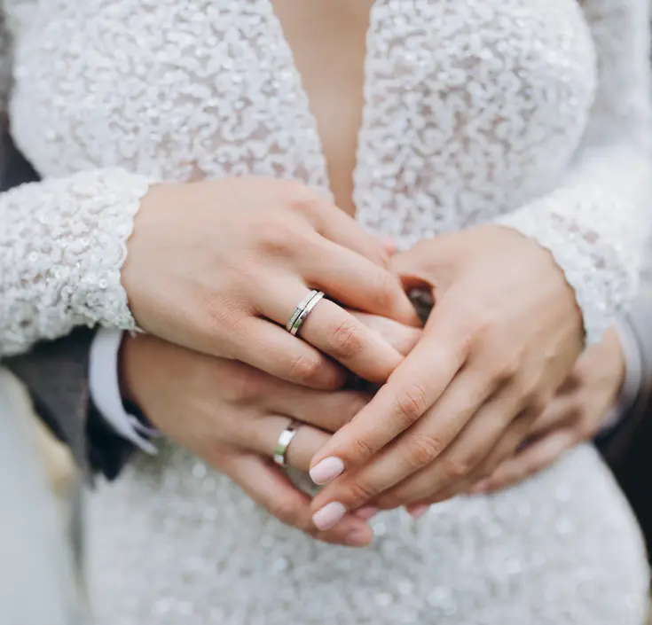 Bride and groom hands with wedding rings