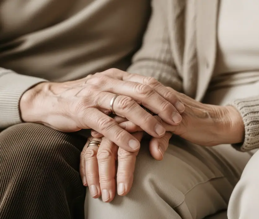 Elderly couple holding hands with wedding rings