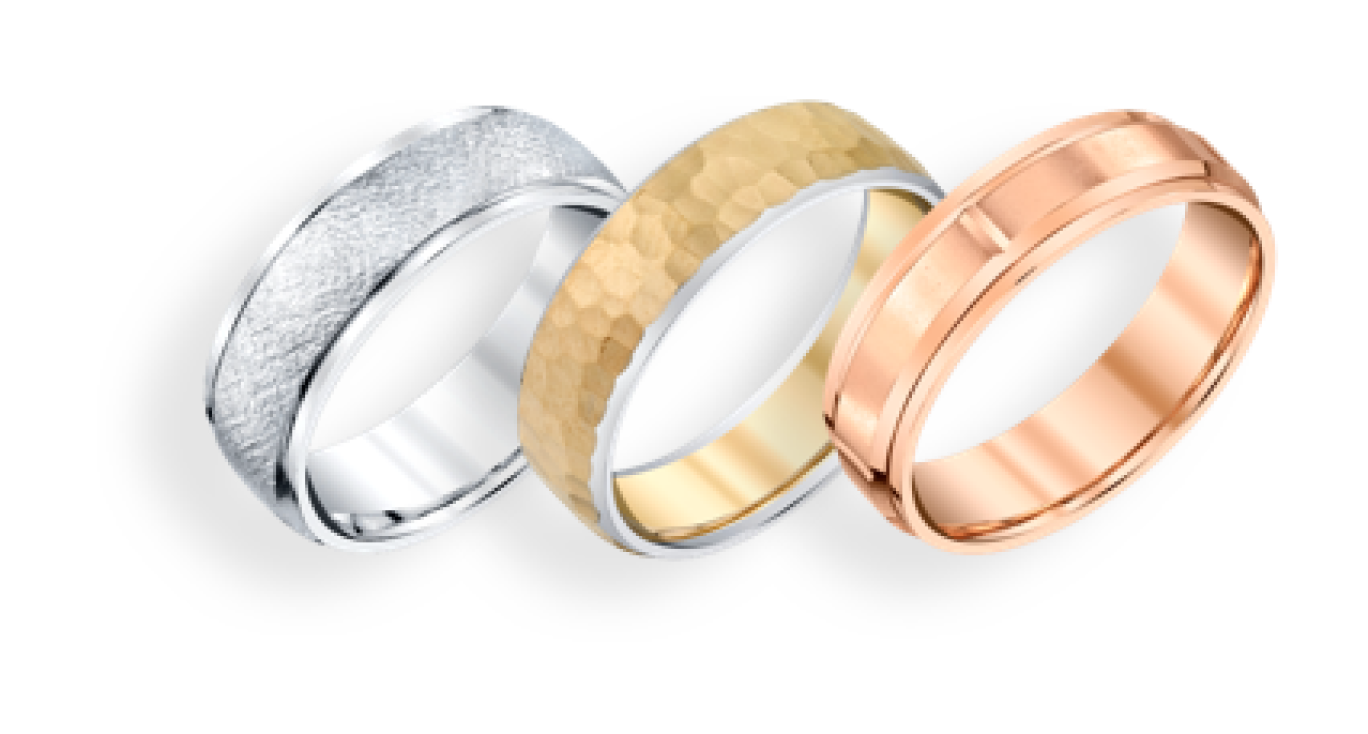 Three wedding band designs in silver and gold