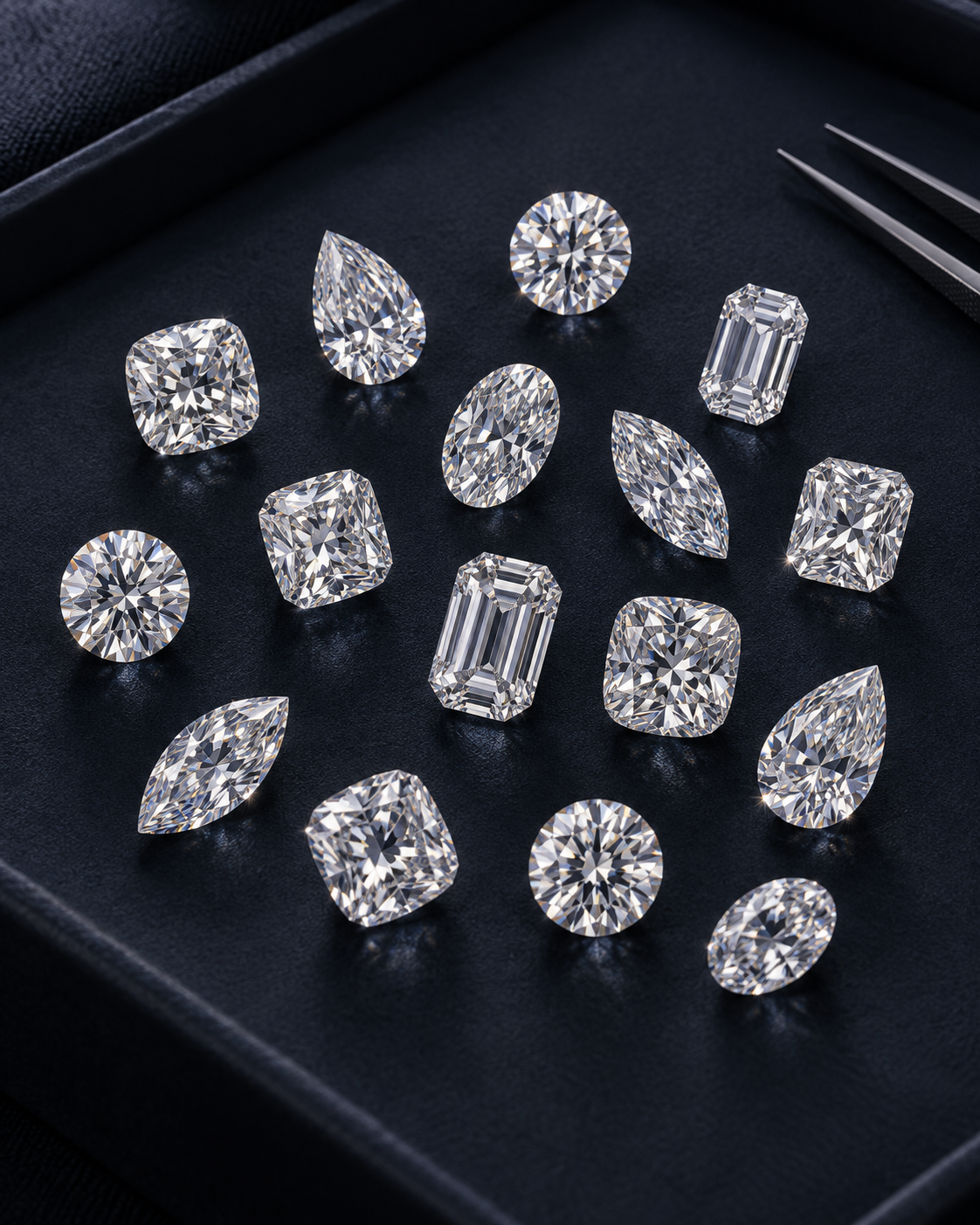 Tray of loose natural GIA-certified diamonds with jeweler's tweezers
